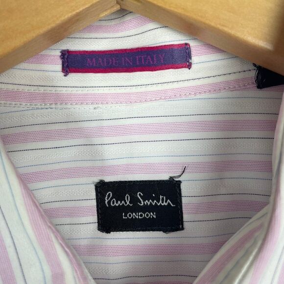Paul Smith London Mens Button Down Long Sleeve Shirt Pink White Stripe Size 16 - Picture 2 of 4